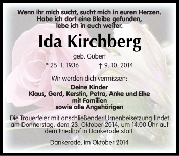 Traueranzeige von Ida Kirchberg von Mitteldeutsche Zeitung Quedlinburg