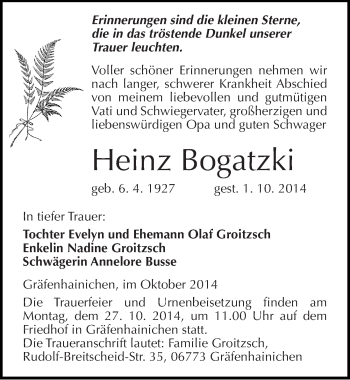 Traueranzeige von Heinz Bogatzki von Mitteldeutsche Zeitung Wittenberg