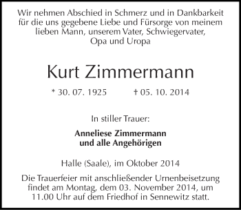 Traueranzeige von Kurt Zimmermann von Mitteldeutsche Zeitung Halle/Saalkreis