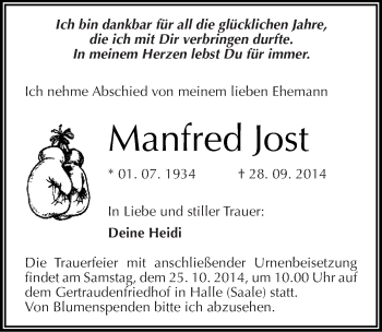 Traueranzeige von Manfred Jost von Mitteldeutsche Zeitung Halle/Saalkreis
