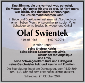 Traueranzeige von Olaf Swientek von Mitteldeutsche Zeitung Merseburg/Querfurt