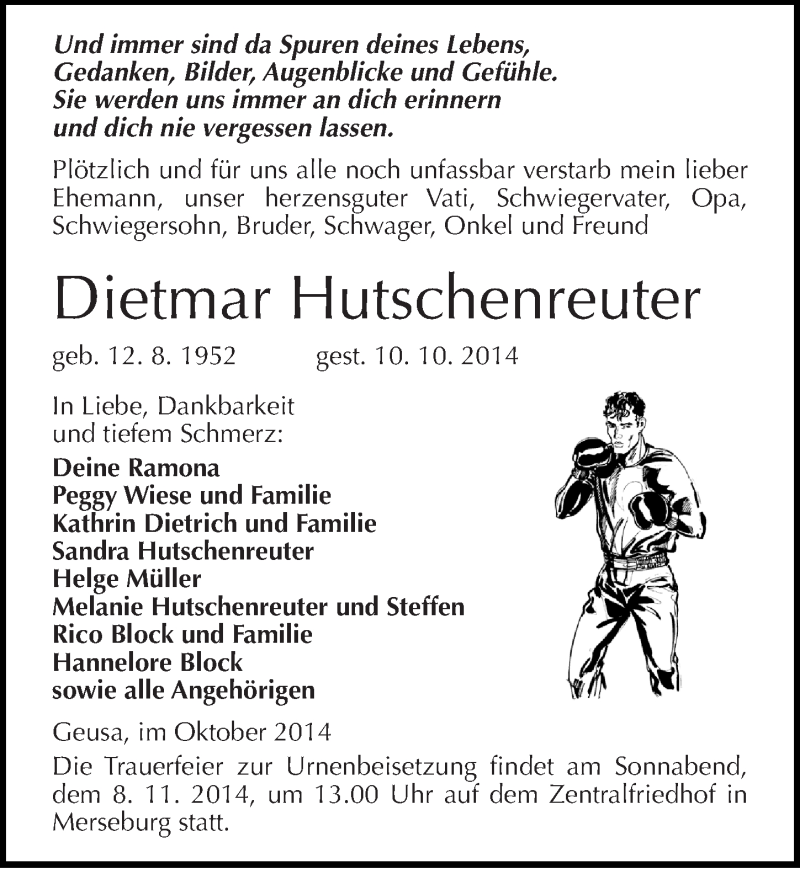  Traueranzeige für Dietmar Hutschenreuter vom 25.10.2014 aus Mitteldeutsche Zeitung Merseburg/Querfurt