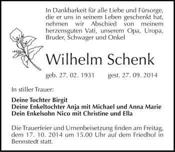 Traueranzeige von Wilhelm Schenk von Mitteldeutsche Zeitung Halle/Saalkreis
