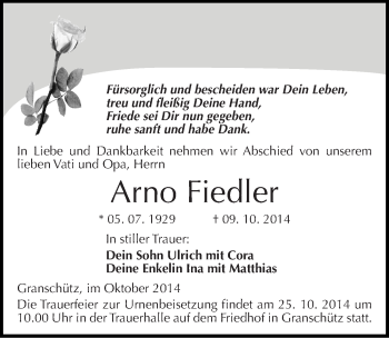 Traueranzeige von Arno Fiedler von Mitteldeutsche Zeitung Weißenfels