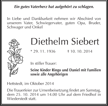 Traueranzeige von Diethelm Siebert von Mitteldeutsche Zeitung Mansfelder Land