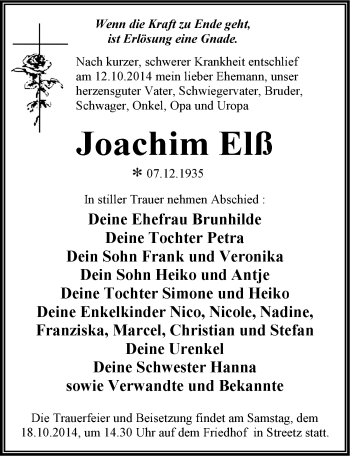 Traueranzeige von Joachim Elß von Mitteldeutsche Zeitung Dessau-Roßlau