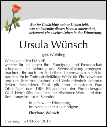 Traueranzeige von Ursula Wünsch von Mitteldeutsche Zeitung Naumburg/Nebra