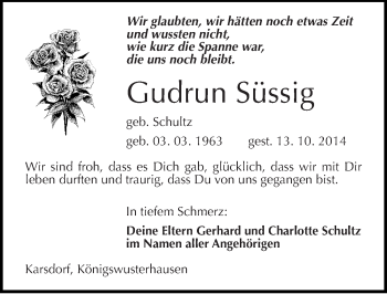 Traueranzeige von Gudrun Süssig von Mitteldeutsche Zeitung Naumburg/Nebra