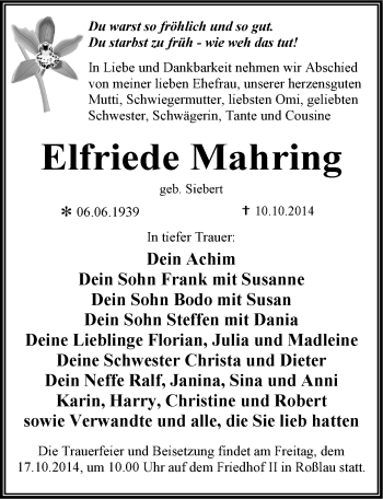 Traueranzeige von Elfriede Mahring von Mitteldeutsche Zeitung Dessau-Roßlau