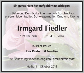 Traueranzeige von Irmgard Fiedler von Mitteldeutsche Zeitung Mansfelder Land