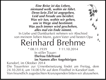 Traueranzeige von Reinhard Brehme von Mitteldeutsche Zeitung Naumburg/Nebra
