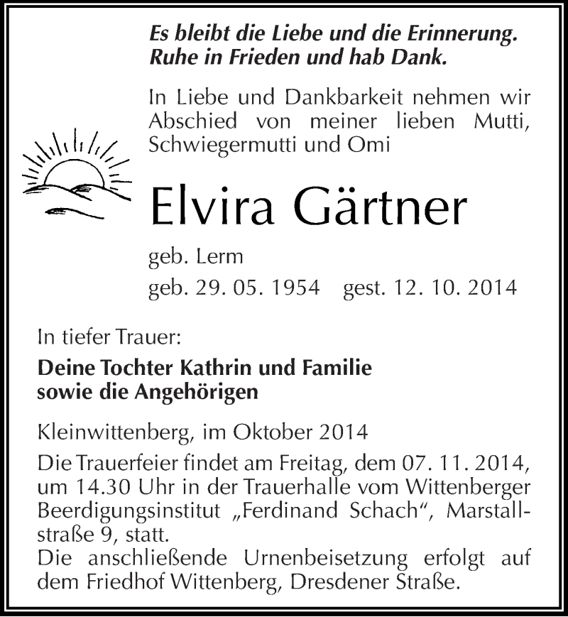 Traueranzeigen von Elvira Gärtner www.abschiednehmen.de