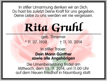 Traueranzeige von Rita Gruhl von Mitteldeutsche Zeitung Naumburg/Nebra