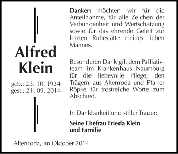 Traueranzeige von Alfred Klein von Mitteldeutsche Zeitung Naumburg/Nebra