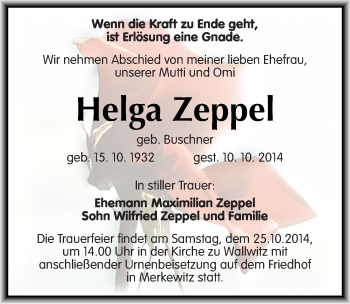 Traueranzeige von Helga Zeppel von Mitteldeutsche Zeitung Halle/Saalkreis