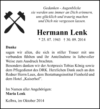 Traueranzeige von Hermann Lenk von Mitteldeutsche Zeitung Sangerhausen
