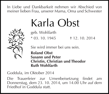Traueranzeige von Karla Obst von Mitteldeutsche Zeitung Halle/Saalkreis