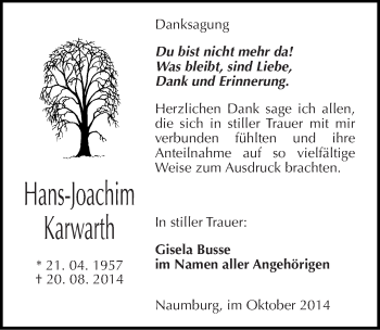 Traueranzeige von Hans-Joachim Karwarth von Mitteldeutsche Zeitung Naumburg/Nebra