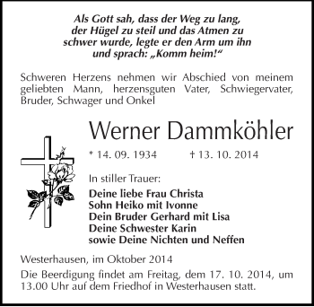Traueranzeige von Werner Dammköhler von Mitteldeutsche Zeitung Quedlinburg