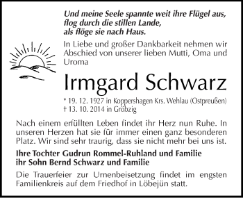 Traueranzeige von Irmgard Schwarz von Mitteldeutsche Zeitung Halle/Saalkreis