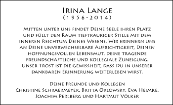 Traueranzeige von Irina Lange von Mitteldeutsche Zeitung Dessau-Roßlau