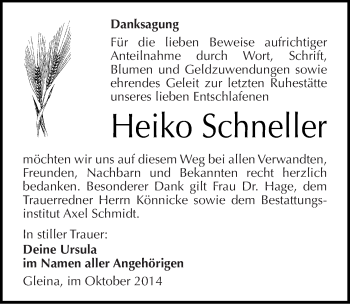 Traueranzeige von Heiko Schneller von Mitteldeutsche Zeitung Naumburg/Nebra