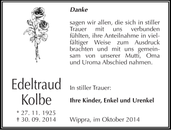 Traueranzeige von Edeltraud Kolbe von Mitteldeutsche Zeitung Mansfelder Land