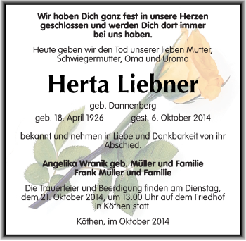 Traueranzeige von Herta Liebner von Mitteldeutsche Zeitung Köthen