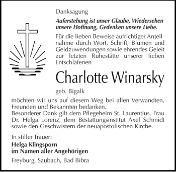 Traueranzeige von Charlotte Winarsky von Mitteldeutsche Zeitung Naumburg/Nebra