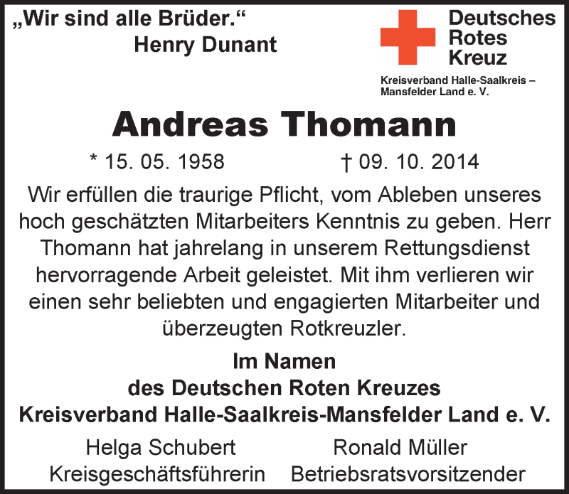  Traueranzeige für Andreas Thomann vom 16.10.2014 aus Mitteldeutsche Zeitung Halle/Saalkreis