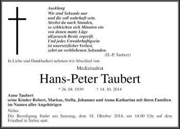 Traueranzeige von Hans-Peter Taubert von Mitteldeutsche Zeitung Naumburg/Nebra