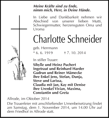 Traueranzeige von Charlotte Schneider von Mitteldeutsche Zeitung Quedlinburg