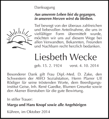 Traueranzeige von Liesbeth Wecke von Mitteldeutsche Zeitung Köthen