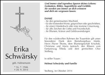 Traueranzeige von Erika Schwärsky von Mitteldeutsche Zeitung Sangerhausen