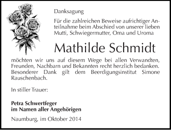 Traueranzeige von Mathilde Schmidt von Mitteldeutsche Zeitung Naumburg/Nebra