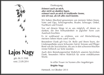 Traueranzeige von Lajos Nagy von Mitteldeutsche Zeitung Mansfelder Land