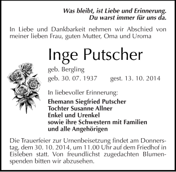 Traueranzeige von Inge Putscher von Mitteldeutsche Zeitung Mansfelder Land