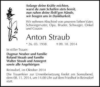 Traueranzeige von Anton Straub von Mitteldeutsche Zeitung Naumburg/Nebra