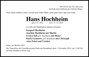Traueranzeige von Hans Hochheim von Mitteldeutsche Zeitung