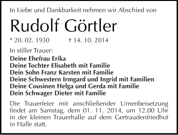 Traueranzeige von Rudolf Görtler von Mitteldeutsche Zeitung Halle/Saalkreis