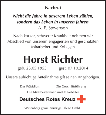 Traueranzeige von Horst Richter von Mitteldeutsche Zeitung Wittenberg