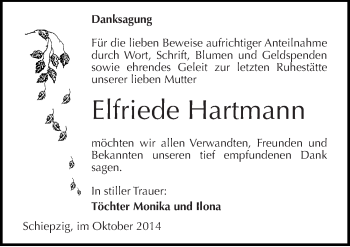Traueranzeige von Elfriede Hartmann von Mitteldeutsche Zeitung Halle/Saalkreis