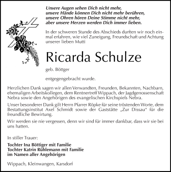 Traueranzeige von Ricarda Schulze von Mitteldeutsche Zeitung Naumburg/Nebra