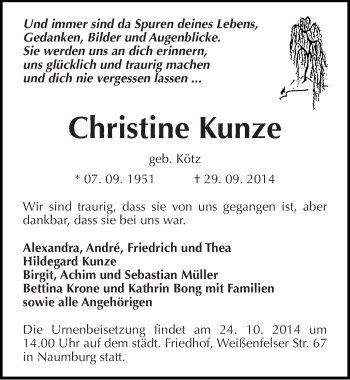 Traueranzeige von Christine Kunze von Mitteldeutsche Zeitung Naumburg/Nebra