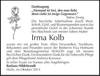 Traueranzeige von Irma Kolb von Mitteldeutsche Zeitung Halle/Saalkreis