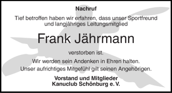 Traueranzeige von Frank Jährmann von Mitteldeutsche Zeitung Naumburg/Nebra