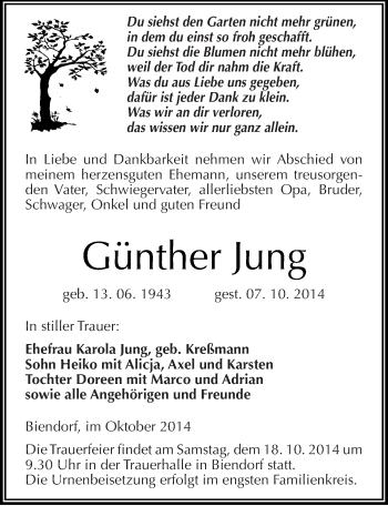 Traueranzeige von Günther Jung von Mitteldeutsche Zeitung Bernburg