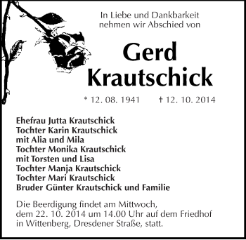 Traueranzeige von Gerd Krautschick von Mitteldeutsche Zeitung Wittenberg
