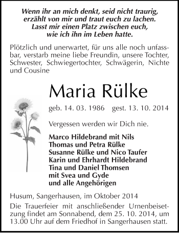 Traueranzeige von Maria Rülke von Mitteldeutsche Zeitung Sangerhausen
