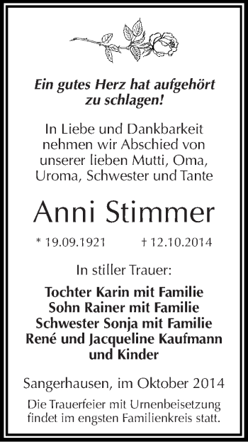 Traueranzeige von Anni Stimmer von Mitteldeutsche Zeitung Sangerhausen